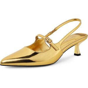 👑Womens Gold Slingback Kitten Heel Pointed Toe Elegant Wedding Dress Pumps Chic